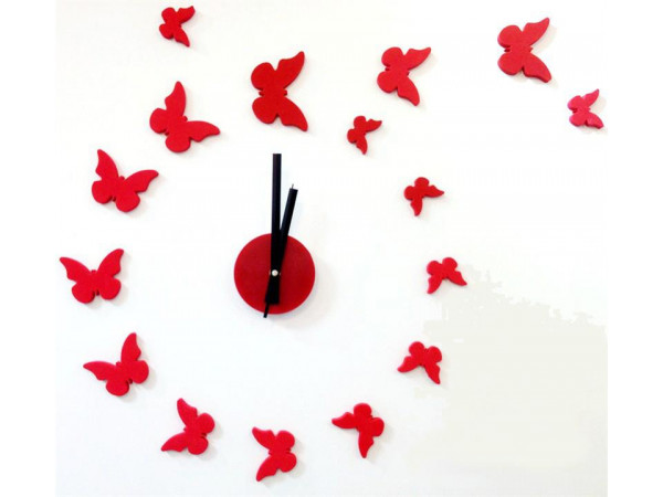 Nalepovacie nástenné hodiny, Motýle 3d diy, červené, 50-70cm