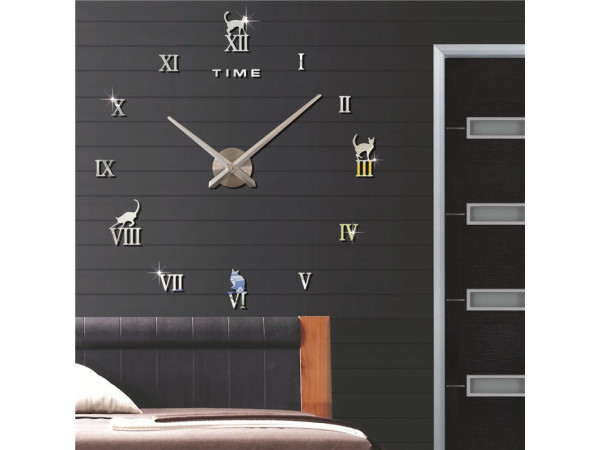 3D Nalepovacie hodiny DIY Clock Cat Time, strieborné 70-120cm