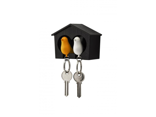 Nástenný držiak s kľúčenkami Qualy Duo Sparrow, hnedá búdka/ biela + oranžová kľúčenka