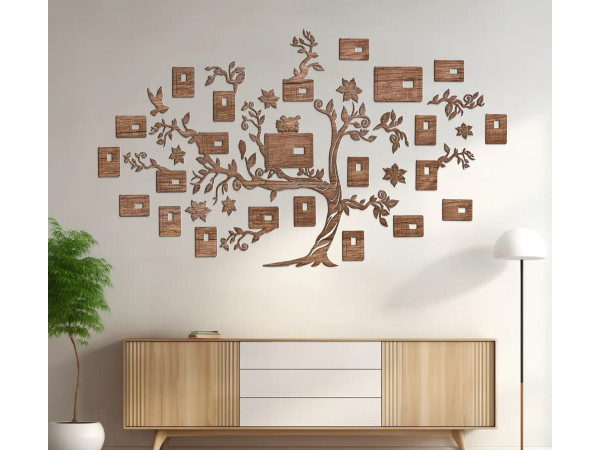 Drevený nástenný rodostrom s 23 fotorámikmi, 210x160cm teak