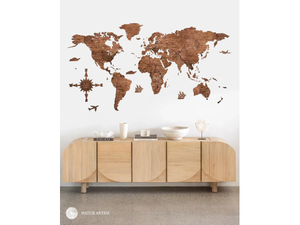Nástenná drevená mapa sveta 3D, ručne vyrábaná, 150x75 cm teak