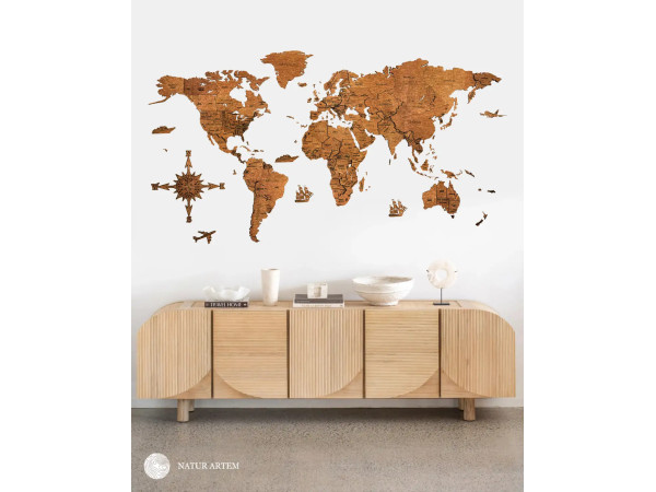 Nástenná drevená mapa sveta 3D, ručne vyrábaná, 200x100cm gaštan