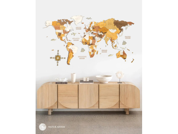 Nástenná drevená mapa sveta 3D, ručne vyrábaná, 200x100cm Natur artem NEMECKÝ JAZYK