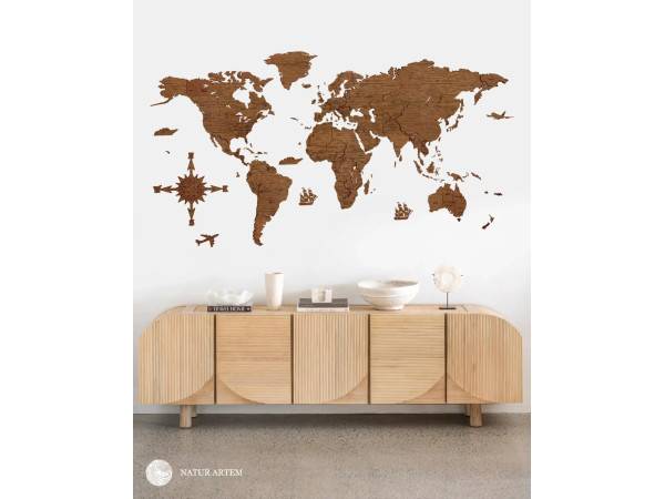 Nástenná drevená mapa sveta 3D, ručne vyrábaná, 200x100cm orech