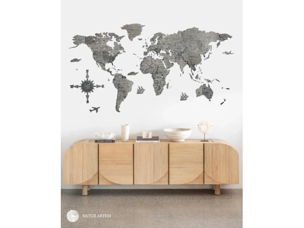 Nástenná drevená mapa sveta 3D, ručne vyrábaná, 200x100 cm sivá