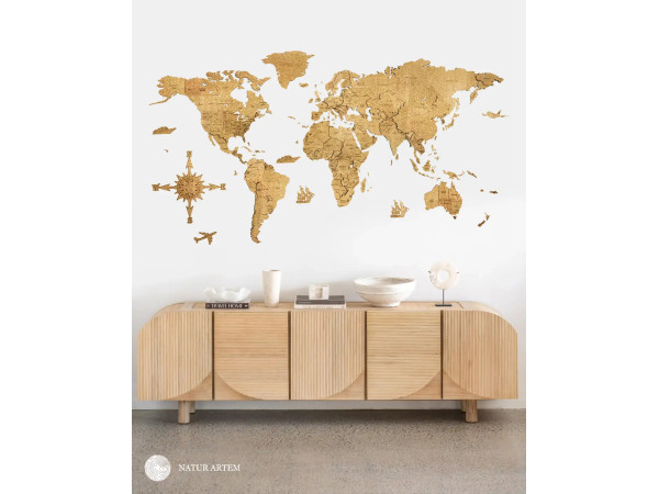 Nástenná drevená mapa sveta 3D, ručne vyrábaná, 250x125 cm dub