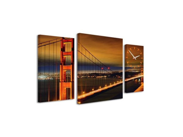 3-dielný obraz s hodinami, Golden Gate, 95x60cm 3-dielný obraz s hodinami, Golden Gate, 95x60cm