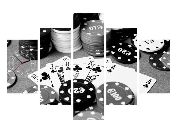 5-dielny obraz s hodinami, Poker, 100x70cm