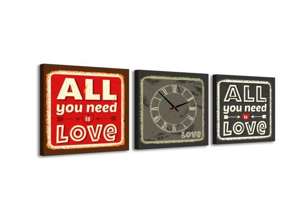 3-dielny obraz s hodinami, Love, 35x105cm 3-dielny obraz s hodinami, Love, 35x105cm
