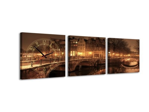 3 dielne obrazové hodiny, Mesto v noci, 35x105cm 3 dielne obrazové hodiny, Mesto v noci, 35x105cm