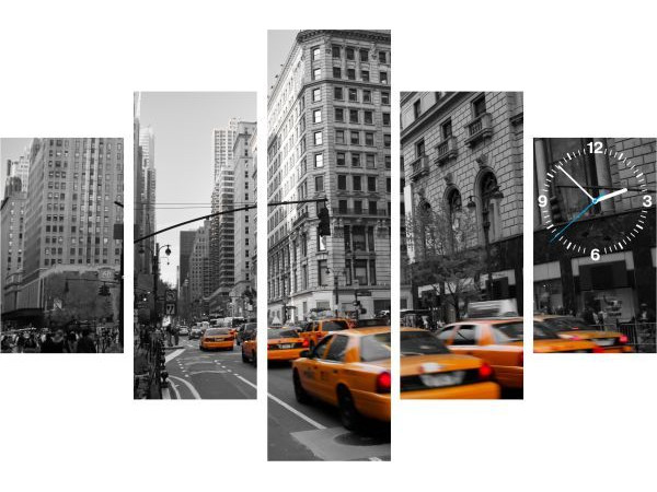 5-dielny obraz s hodinami, New York Taxi, 100x70cm 5-dielny obraz s hodinami, New York Taxi, 100x70cm