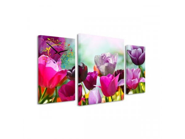 3-dielný obraz s hodinami, Tulipány, 95x60cm 3-dielný obraz s hodinami, Tulipány, 95x60cm