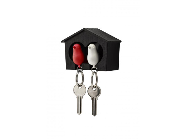 Nástenný držiak s kľúčenkami Qualy Duo Sparrow, hnedá búdka/ biela + červená kľúčenka