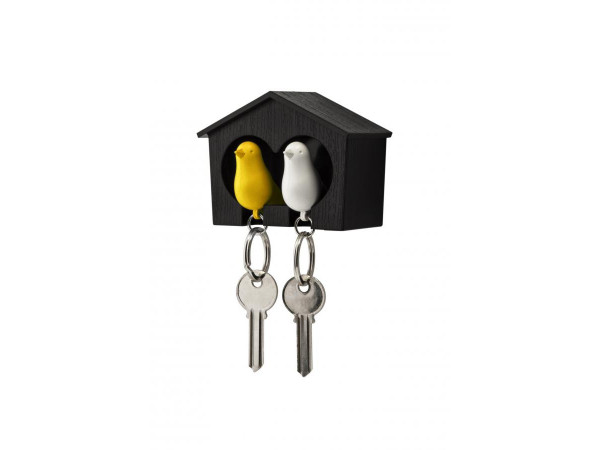 Nástenný držiak s kľúčenkami Qualy Duo Sparrow, hnedá búdka/ biela + žltá kľúčenka