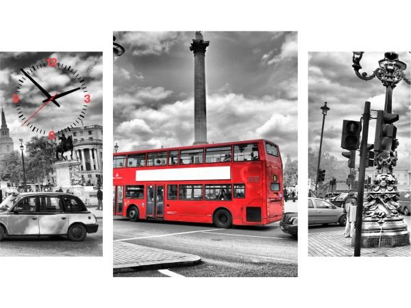 3-dielný obraz s hodinami, LONDON BUS, 95x60cm 3-dielný obraz s hodinami, LONDON BUS, 95x60cm